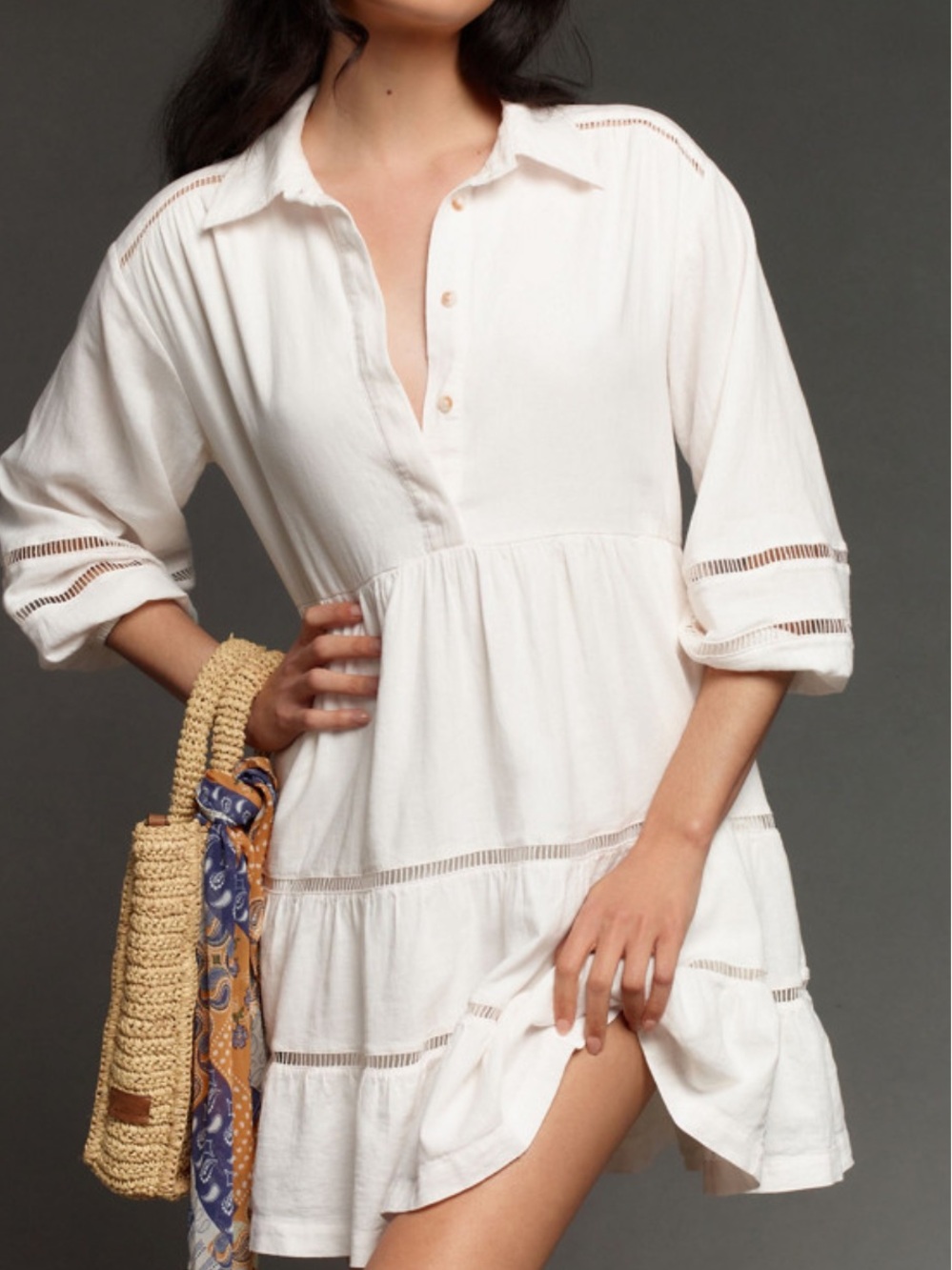 Maeve Bettina Tiered Mini Shirt Dress White Linen